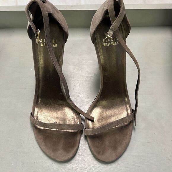 Stuart Weitzman Light Brown Taupe Suede Ankle Strap Stiletto Heels Sandals 8M‎ - Picture 1 of 8